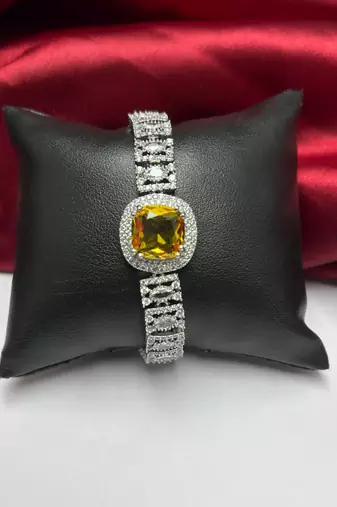 Yellow Cushion Cut Crystal Tennis Bracelet, Silver Cubic Zirconia Bridal Statement