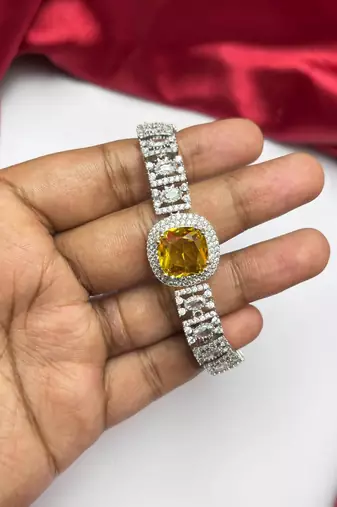 Yellow Cushion Cut Crystal Tennis Bracelet, Silver Cubic Zirconia Bridal Statement
