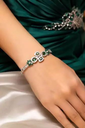 Emerald Green Floral CZ Bracelet | Silver Plated Tennis Bangle, Bridal Wedding Jewelry