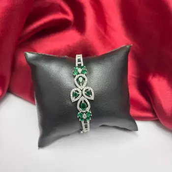 Emerald Green Floral CZ Bracelet | Silver Plated Tennis Bangle, Bridal Wedding Jewelry 2