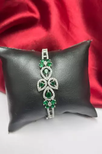 Emerald Green Floral CZ Bracelet | Silver Plated Tennis Bangle, Bridal Wedding Jewelry