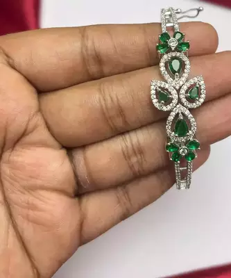 Emerald Green Floral CZ Bracelet | Silver Plated Tennis Bangle, Bridal Wedding Jewelry 3