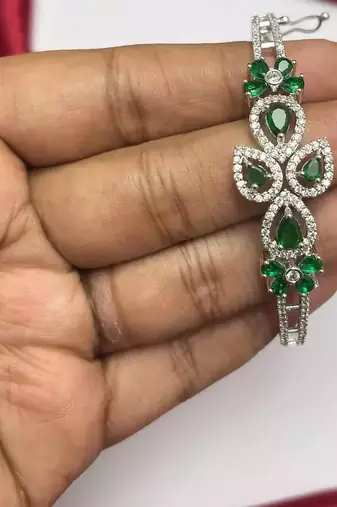 Emerald Green Floral CZ Bracelet | Silver Plated Tennis Bangle, Bridal Wedding Jewelry
