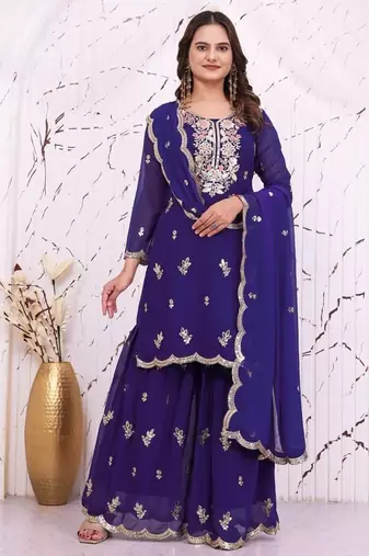 Blue fandy  silk party  embroidery wear sharara suit set