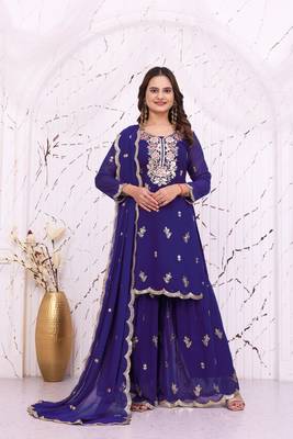 Blue fandy  silk party  embroidery wear sharara suit set 3