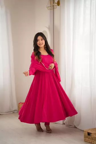 Rani pink chanderi embroidery wear anarkali suit set