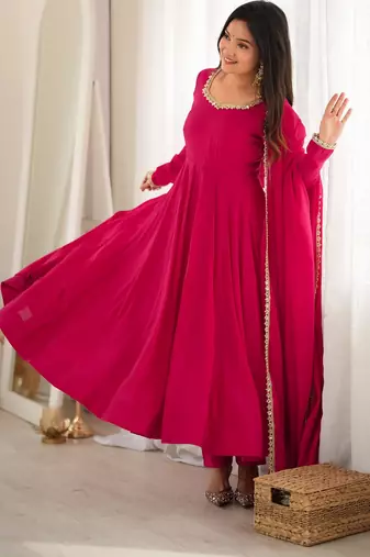 Rani pink chanderi embroidery wear anarkali suit set