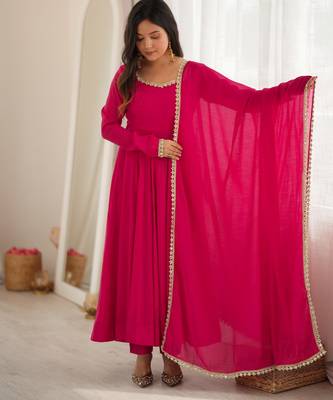 Rani pink chanderi embroidery wear anarkali suit set 4