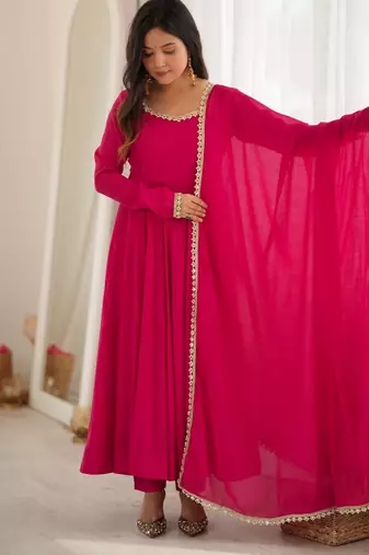 Rani pink chanderi embroidery wear anarkali suit set