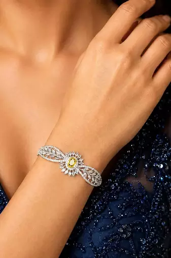 Yellow Crystal Floral Leaf Bracelet, Silver CZ Bridal Jewelry, Adjustable Statement Wrist