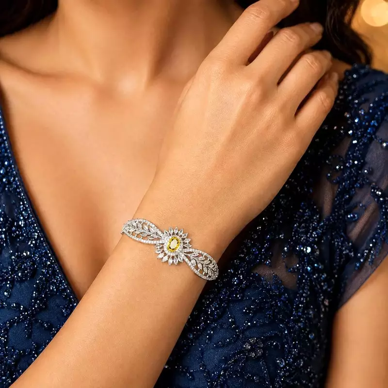 Yellow Crystal Floral Leaf Bracelet, Silver CZ Bridal Jewelry, Adjustable Statement Wrist