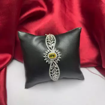 Yellow Crystal Floral Leaf Bracelet, Silver CZ Bridal Jewelry, Adjustable Statement Wrist 2