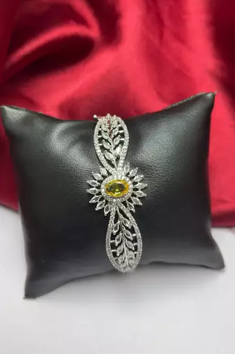 Yellow Crystal Floral Leaf Bracelet, Silver CZ Bridal Jewelry, Adjustable Statement Wrist