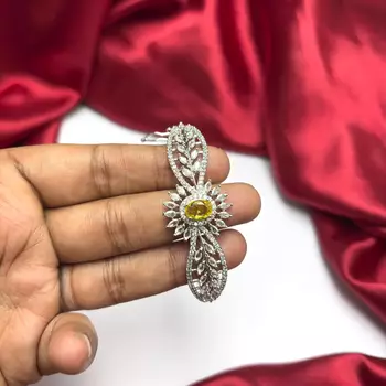 Yellow Crystal Floral Leaf Bracelet, Silver CZ Bridal Jewelry, Adjustable Statement Wrist 3
