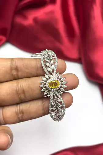 Yellow Crystal Floral Leaf Bracelet, Silver CZ Bridal Jewelry, Adjustable Statement Wrist