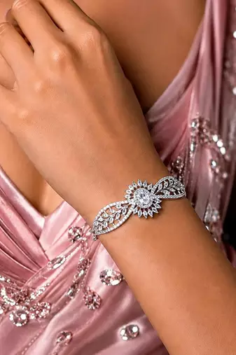 Floral Crystal Bridal Bracelet, Art Deco CZ Wedding Jewelry, Rhodium Plated Wristband