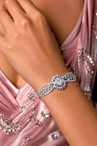 Floral Crystal Bridal Bracelet, Art Deco CZ Wedding Jewelry, Rhodium Plated Wristband