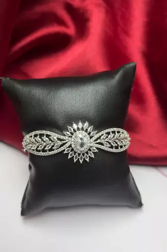 Floral Crystal Bridal Bracelet, Art Deco CZ Wedding Jewelry, Rhodium Plated Wristband
