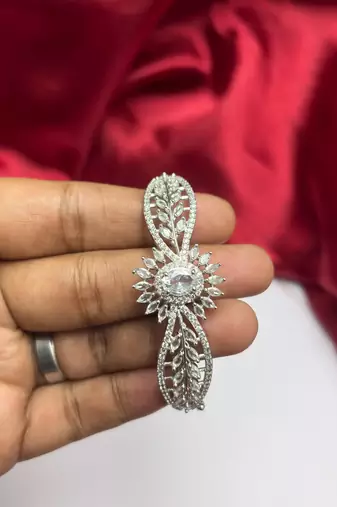 Floral Crystal Bridal Bracelet, Art Deco CZ Wedding Jewelry, Rhodium Plated Wristband