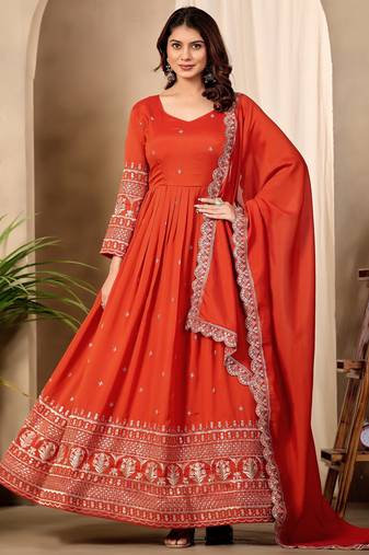 Orange art silk readymade anarkali suit with embroidery work