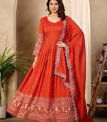 Orange art silk readymade anarkali suit with embroidery work