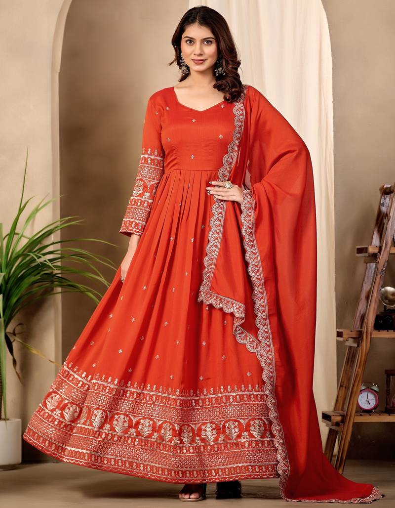 Orange art silk readymade anarkali suit with embroidery work