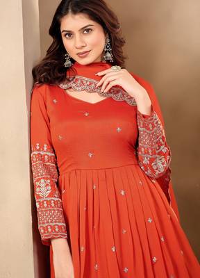 Orange art silk readymade anarkali suit with embroidery work 2