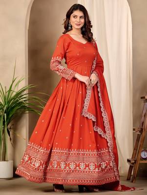 Orange art silk readymade anarkali suit with embroidery work 3