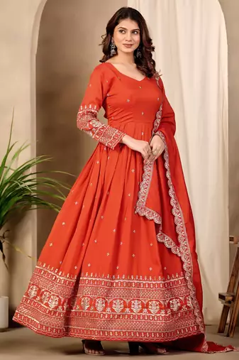 Orange art silk readymade anarkali suit with embroidery work