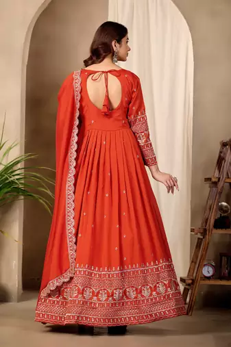 Orange art silk readymade anarkali suit with embroidery work