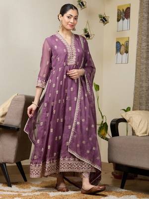 Purple georgette readymade anarkali suit with embroidery & sequence work 1