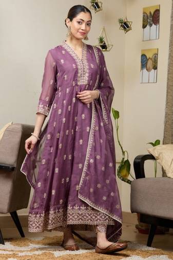 Purple georgette readymade anarkali suit with embroidery & sequence work