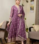 Purple georgette readymade anarkali suit with embroidery & sequence work
