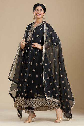 Black georgette readymade anarkali suit with embroidery & sequence work