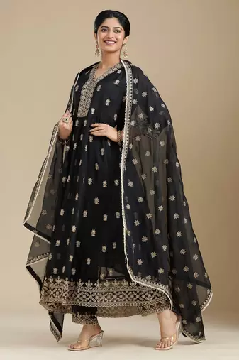 Black georgette readymade anarkali suit with embroidery & sequence work