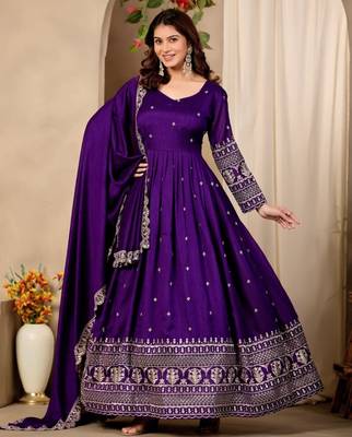Violet art silk readymade anarkali suit with embroidery work 1