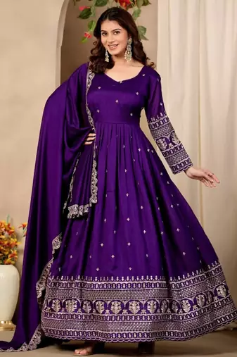 Violet art silk readymade anarkali suit with embroidery work