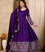 Violet art silk readymade anarkali suit with embroidery work