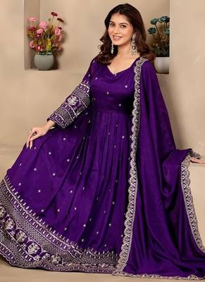 Violet art silk readymade anarkali suit with embroidery work 2