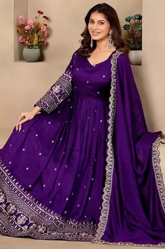 Violet art silk readymade anarkali suit with embroidery work