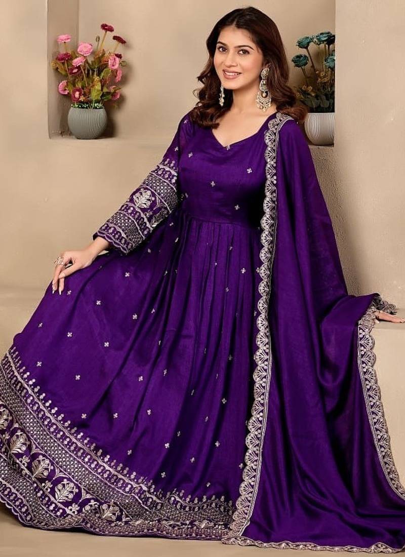Violet art silk readymade anarkali suit with embroidery work