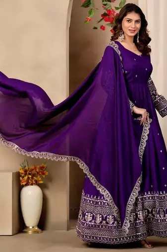 Violet art silk readymade anarkali suit with embroidery work