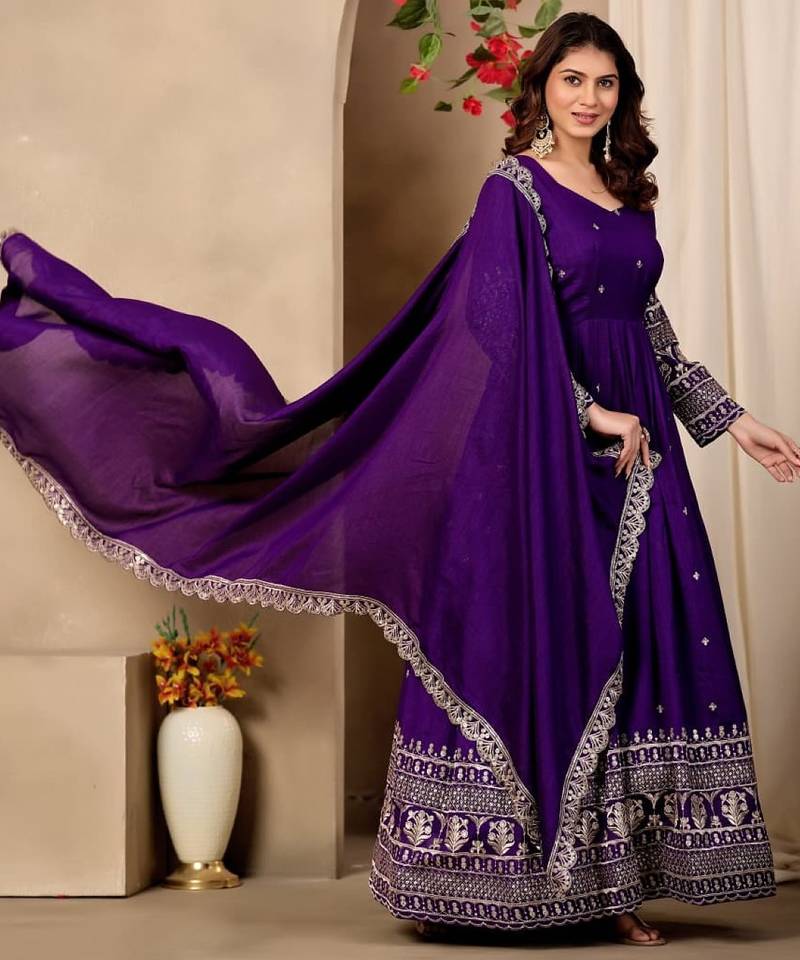 Violet art silk readymade anarkali suit with embroidery work