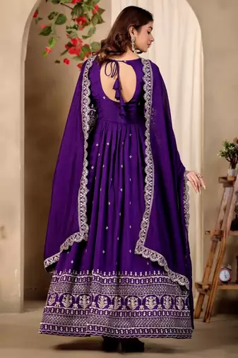 Violet art silk readymade anarkali suit with embroidery work