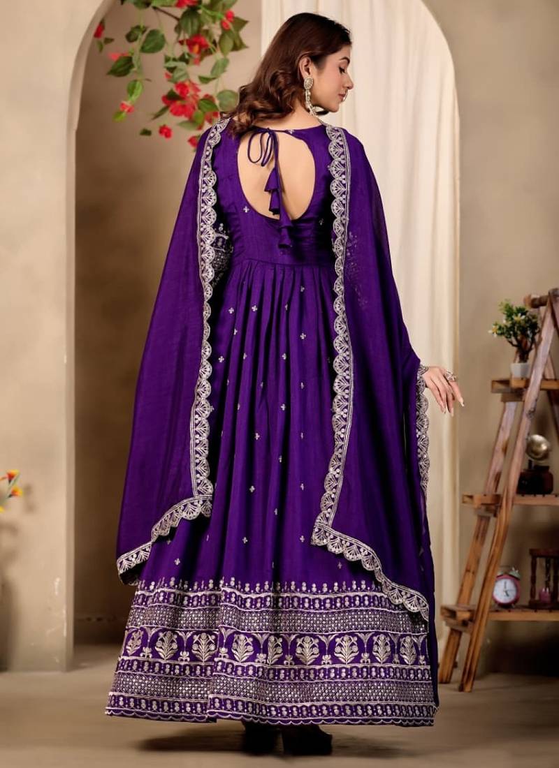 Violet art silk readymade anarkali suit with embroidery work