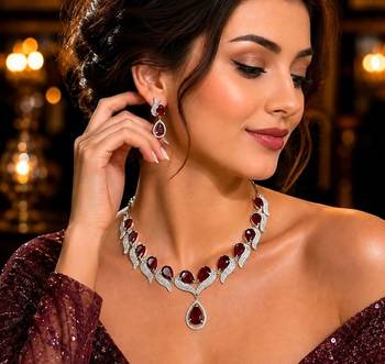 Red Stone Necklace Set, Silver Bridal Jewelry Set, Red Pendant Necklace Earrings 1