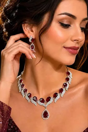 Red Stone Necklace Set, Silver Bridal Jewelry Set, Red Pendant Necklace Earrings