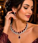 Red Stone Necklace Set, Silver Bridal Jewelry Set, Red Pendant Necklace Earrings