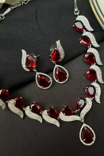 Red Stone Necklace Set, Silver Bridal Jewelry Set, Red Pendant Necklace Earrings
