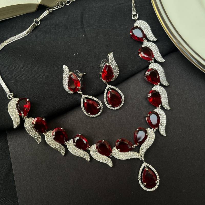Red Stone Necklace Set, Silver Bridal Jewelry Set, Red Pendant Necklace Earrings